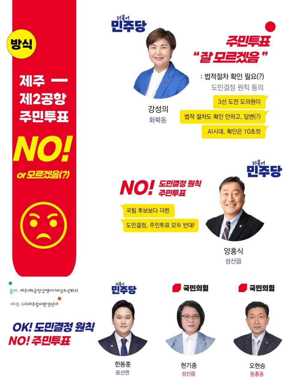 제2공항 주민투표에 반대하거나 모르겠다고 답한 제주도의원 후보들 포스터